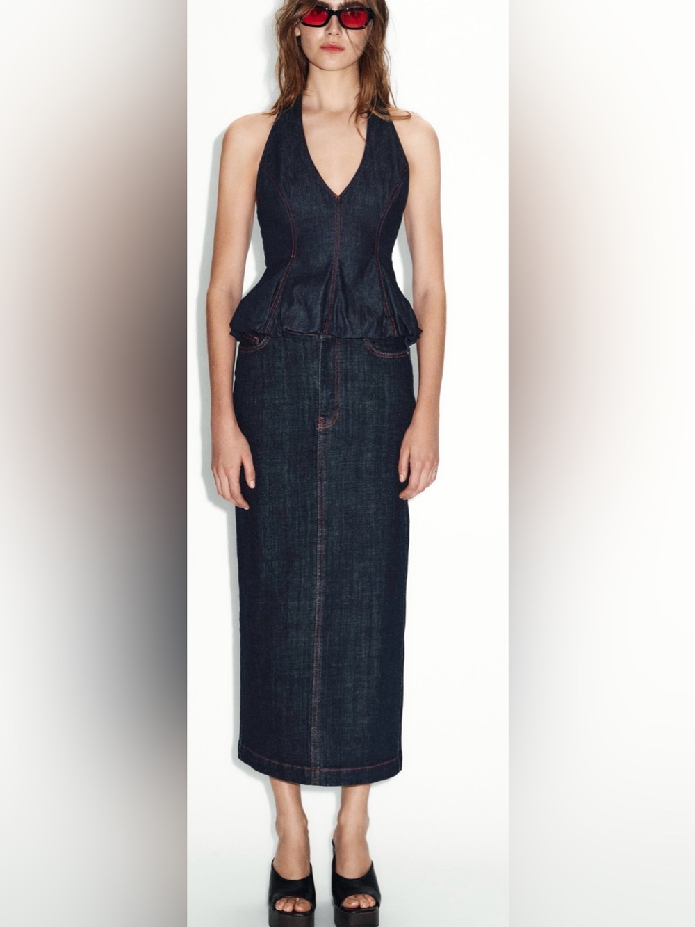 Women's Dark Indigo Denim Peplum Maxi Skirt and Matching Top Set